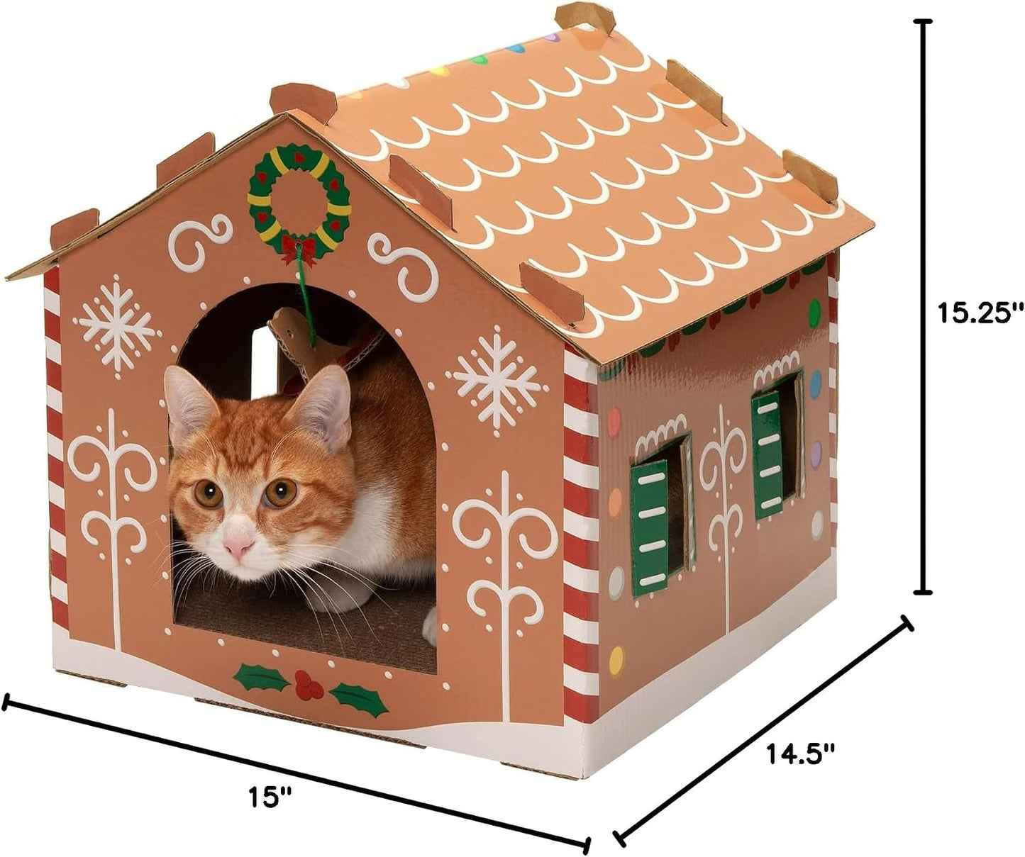 Gingerbread House-Themed Cardboard Cat House with Catnip, Scratching Pad, and Hanging Toys - Holiday Decor for Indoor Cats - One Size