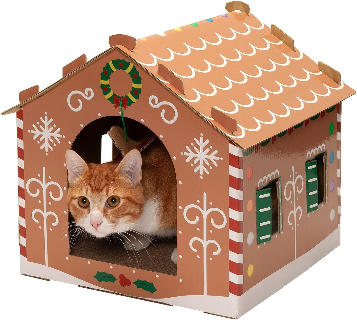 Gingerbread House-Themed Cardboard Cat House with Catnip, Scratching Pad, and Hanging Toys - Holiday Decor for Indoor Cats - One Size