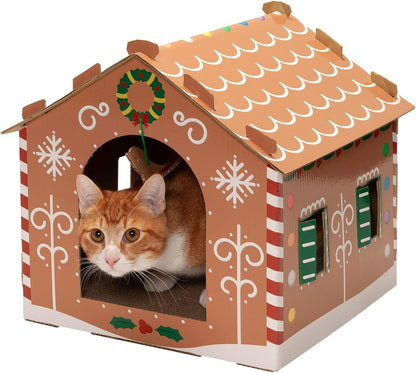Gingerbread House-Themed Cardboard Cat House with Catnip, Scratching Pad, and Hanging Toys - Holiday Decor for Indoor Cats - One Size