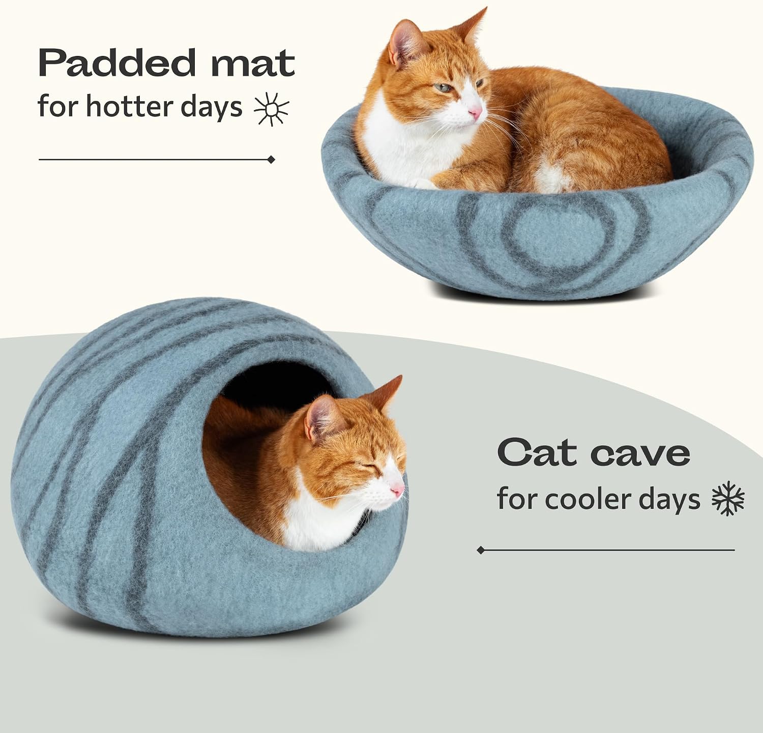 Merino Wool Cat Cave Bed for Indoor Cats (Aquamarine, Medium) | Premium Handmade Felt Enclosure, Ultra Soft, Lightweight, Breathable, Adjustable Design