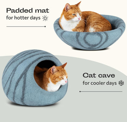 Merino Wool Cat Cave Bed for Indoor Cats (Aquamarine, Medium) | Premium Handmade Felt Enclosure, Ultra Soft, Lightweight, Breathable, Adjustable Design