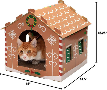 Gingerbread House-Themed Cardboard Cat House with Catnip, Scratching Pad, and Hanging Toys - Holiday Decor for Indoor Cats - One Size
