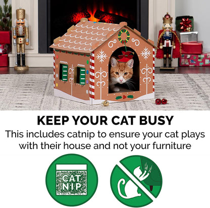 Gingerbread House-Themed Cardboard Cat House with Catnip, Scratching Pad, and Hanging Toys - Holiday Decor for Indoor Cats - One Size