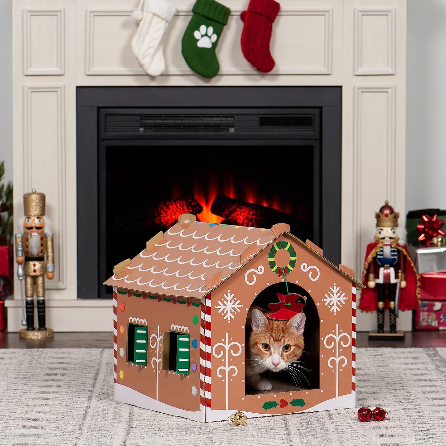 Gingerbread House-Themed Cardboard Cat House with Catnip, Scratching Pad, and Hanging Toys - Holiday Decor for Indoor Cats - One Size
