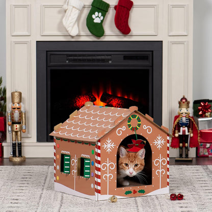 Gingerbread House-Themed Cardboard Cat House with Catnip, Scratching Pad, and Hanging Toys - Holiday Decor for Indoor Cats - One Size