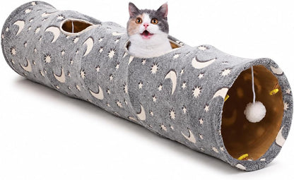 Cat Tunnel Tube with Plush Ball Toys Collapsible Self-Luminous Photoluminescence, for Small Animals Pets Bunny Rabbits, Kittens, Ferrets,Puppy and Dogs Grey Moon Star