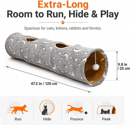 Cat Tunnel Tube with Plush Ball Toys Collapsible Self-Luminous Photoluminescence, for Small Animals Pets Bunny Rabbits, Kittens, Ferrets,Puppy and Dogs Grey Moon Star