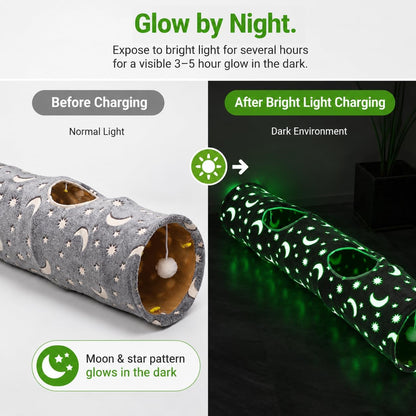 Cat Tunnel Tube with Plush Ball Toys Collapsible Self-Luminous Photoluminescence, for Small Animals Pets Bunny Rabbits, Kittens, Ferrets,Puppy and Dogs Grey Moon Star